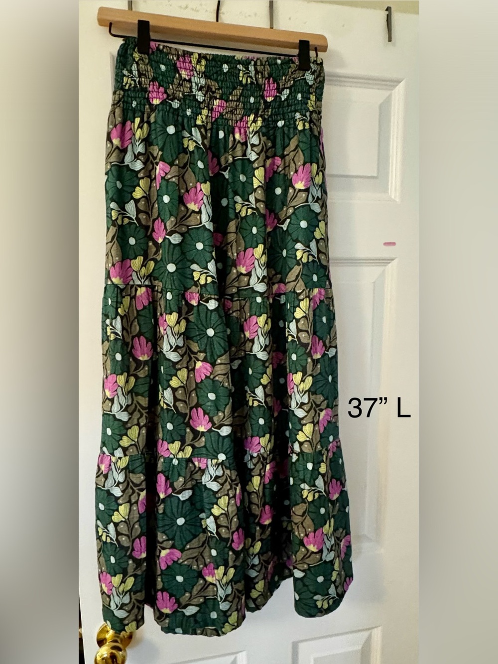 Marine Layer Green Floral Tiered Maxi Skirt with Pink Accents